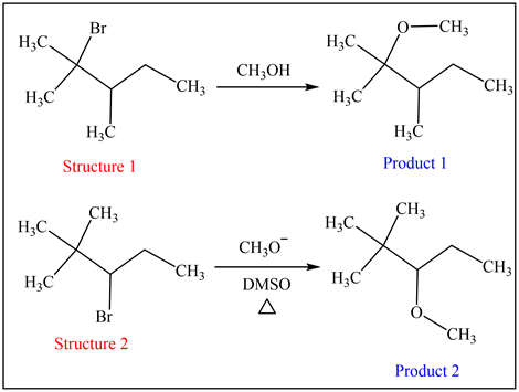 H
C
HzC9
-CH
CH2OH
CH;
HC
H.C
H3C
HC
Product 1
Structure 1
CH
CH3
H3C
CH30
CH3
H3C
DMSO
HECT
A
Br
CH3
Structure 2
Product 2
