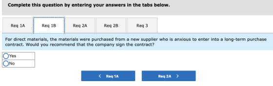 Complete this question by entering your answers in the tabs below. Req 1A Reg 1B Req 2A Req 2B Req3 For direct materials, the