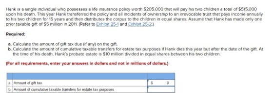 Hank is a single individual who possesses a life insurance policy worth $205.000 that will pay his two children a total of $5
