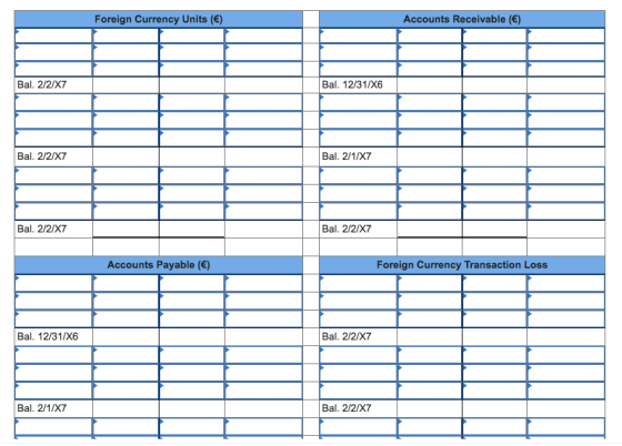 Foreign Currency Units () Accounts Receivable () Bal. 2/2/X7 Bal. 12/31/X6 Bal. 2/2/X7 Bal. 2/1/X7 Bal. 2/2/X7 Bal. 2/2/X7 Accounts Payable () Foreign Currency Transaction Loss Bal. 12/31/X6 Bal. 2/2X7 Bal. 2/1/X7 Bal. 2/2X7