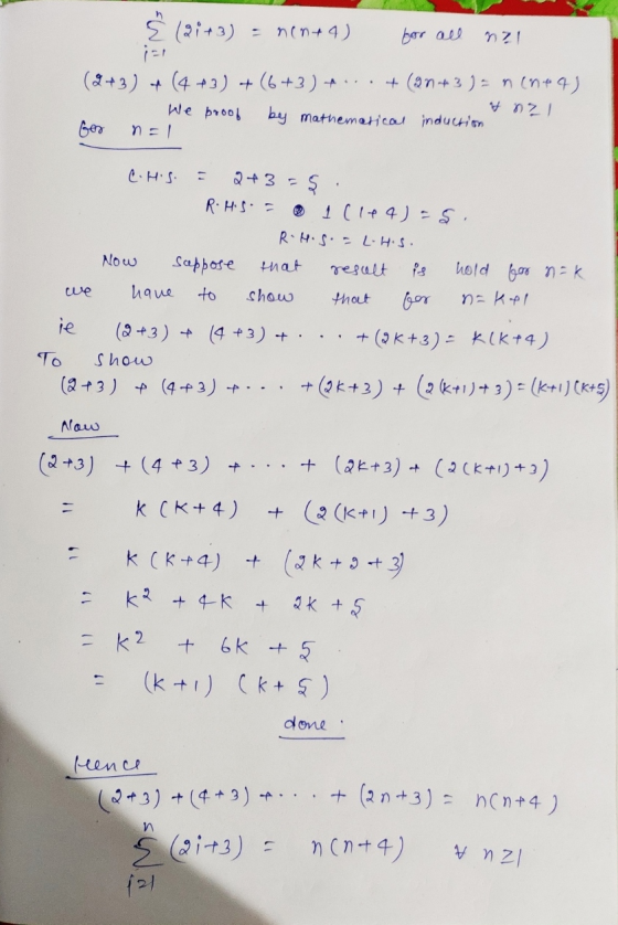 E (21+3) = n(n+4) for all nal (2+3) + (4 +3) +(6+3) + ... + (90+3 ) = n(n+4) 7021 We proof by mathemerical induction Ger nel