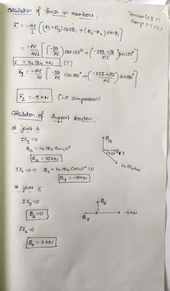Tension (+)(T) camp (-) (C) F=- AE - calculation of forces in members AC (1.0,-2)6088, +603-0w)sino] com el cas 135º +(-38.26