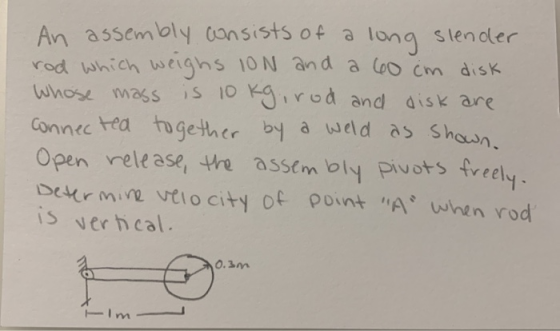 An assembly consists of a long slender rod which weighs ION and a 60 cm disk whose mass is 10kg, rod and disk are connected t