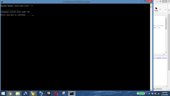 C:\Windows\SYSTEM32\cmd.exe Random Number read from file : 7 Build <program exited with code: 0 Press any key to continue. Er