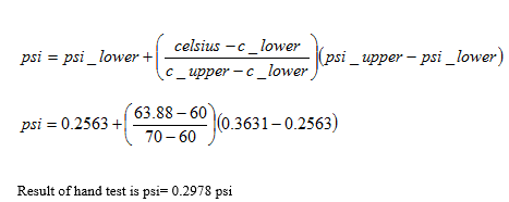 celsius -c lower psi = psi-lower +1 C_upper-c_lower c_upper -c lowepsupper-psi_lower (63 88-60 0 3631-02563) psi = 0.25634 1 63.86-60 psi 0.2563+ 70-60 0.3631-0.2563) Result of hand test is psi= 0.2978 psi
