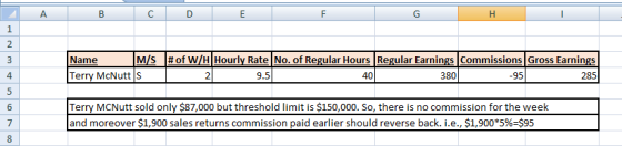 A B C D E F G H 1 2 3 4 Name M/S #of W/4 Hourly Rate No. of Regular Hours Regular Earnings Commissions Gross Earnings Terry M