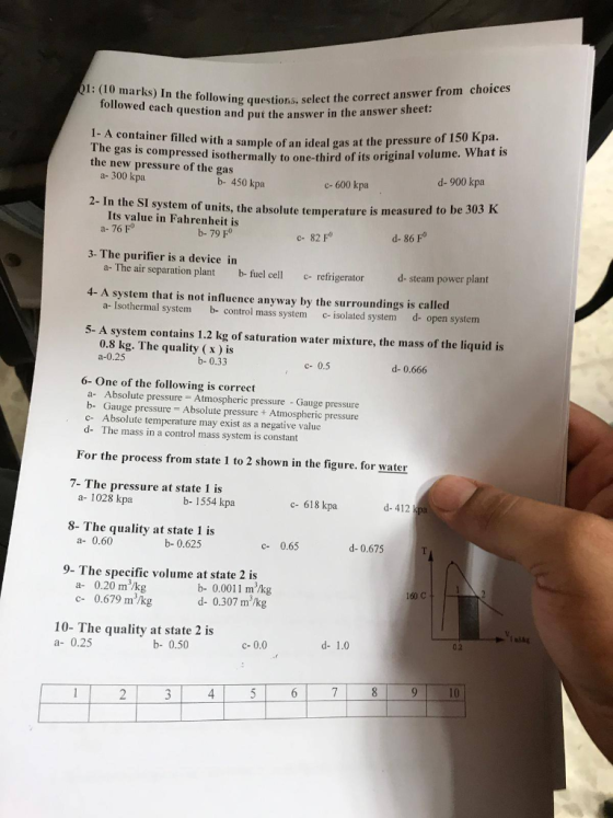 1: (10 marks) In the following questions, select the correct answer from choices followed each question and put the answer in