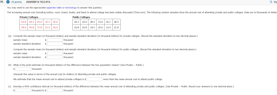 56. + -/5 points ASWSBE14 10.E.013. My You may need to use the appropriate appendix table or technology to answer this questi