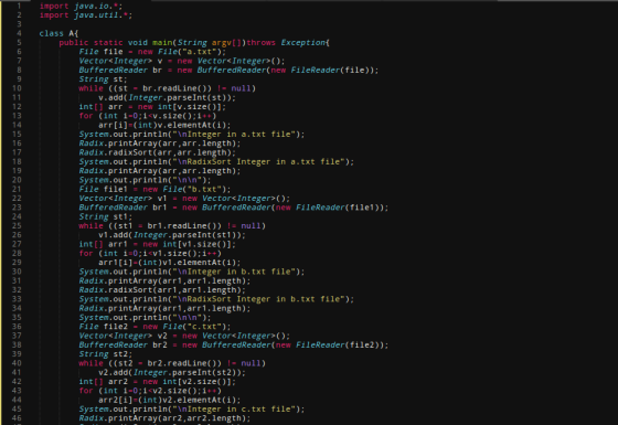 import java.io.*; import java.util.*; class A{ public static void main(String argv[]) throws Exception{ File file = new File(