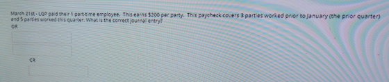 March 21st. LGP paid their 1 part-time employee. This earns $200 per party. This paycheck covers 3 parties worked prior to Ja