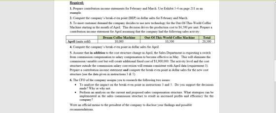 Required: 1. Prepare contribution income statements for February and March. Use Exhibit 5-4 on page 211 as an example. 2. Com