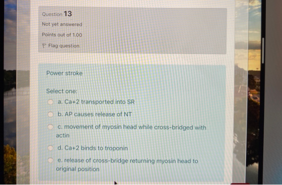 Question 13 Not yet answered Points out of 1.00 P Flag question Power stroke Select one: a. Ca+2 transported into SR b. AP ca