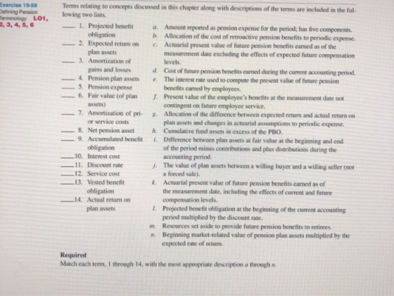 Exercise 19-59 Defining Pension Terminology LO1, 2, 3, 4, 5, 6 e Terms relating to concepts discussed in this chapter along w