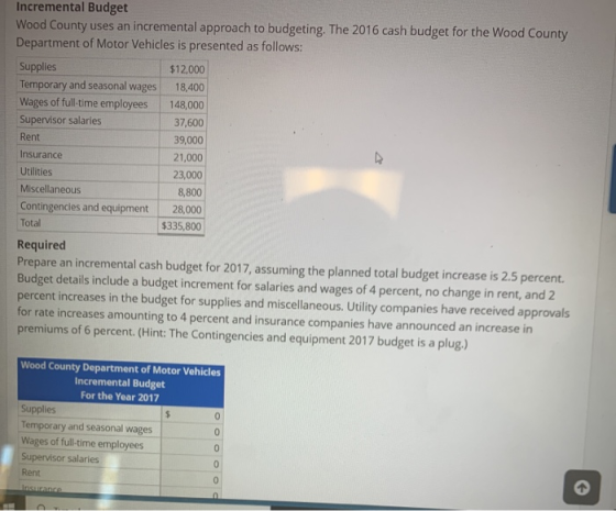 Incremental Budget Wood County uses an incremental approach to budgeting. The 2016 cash budget for the Wood County Department
