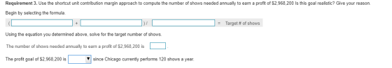 Requirement 3. Use the shortcut unit contribution margin approach to compute the number of shows needed annually to earn a pr