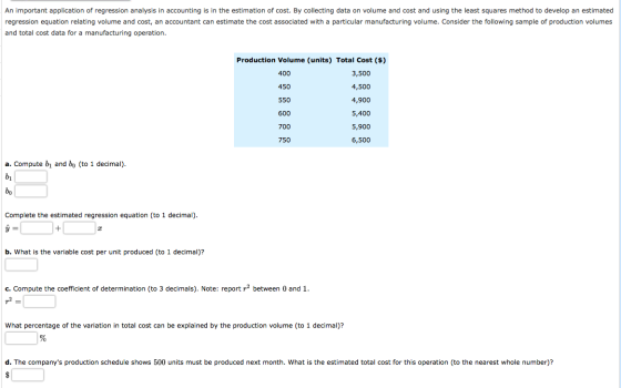 An important application of regression analysis in accounting is in the estimation of cost. By collecting data on volume and