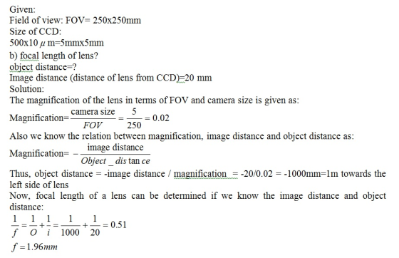 Given Field of view: FOV- 250x250mm Size of CCD 500x10 u m-5mmx b) focal length of lens? obiect distance-? Image distance (di