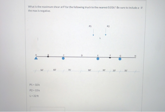 What is the maximum shear at Ffor the following truck to the nearest 0.01k? Be sure to include a - if the max is negative. P1