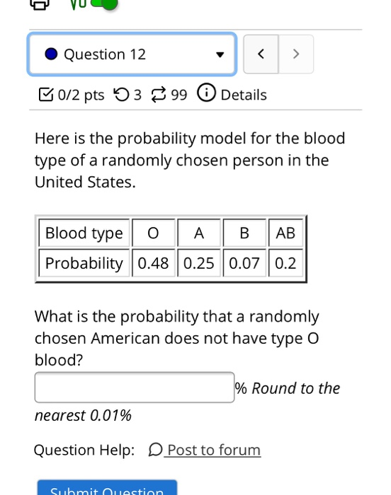 Question 12 د) < B0/2 pts 53 99 0 Details Here is the probability model for the blood type of a randomly chosen person in the