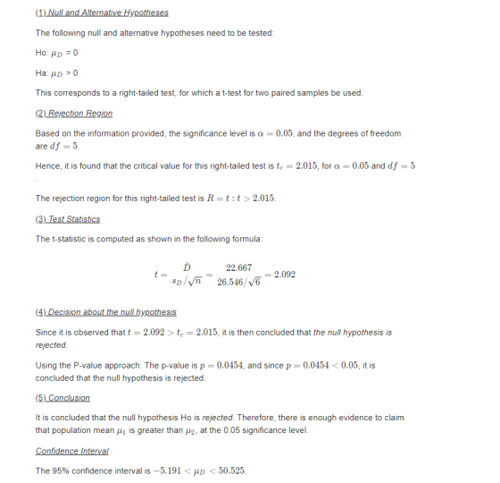 (1 The following null and alternative hypotheses need to be tested This corresponds to a right-tailed test, for which a t-test for two paired samples be used (2) Rejection Region Based on the information provided, the significance level is α 0.05, and the degrees of freedom are df 5 Hence, it is found that the critical value for this right-tailed test is te2.015, for a0.05 and df-5 The rejection region for this right-tailed test is R t :t 2.015 The t-statistic is computed as shown in the following formula 22.667 2.092 SD/Vn 26.546//6 (4) Decision about the null hypothesis Since it is observed that t 2.092 > te 2.015, it is then concluded that the null hypothesis is rejected Using the P-value approach: The p-value is p 0.0454, and since p 0.0454 < 0.05, it is concluded that the null hypothesis is rejected (5) Conclusion It is concluded that the null hypothesis Ho is rejected. Therefore, there is enough evidence to claim that population mean μ1 is greater than po, at the 0.05 significance level The 95% confidence interval is-5.191 < μD < 50.525