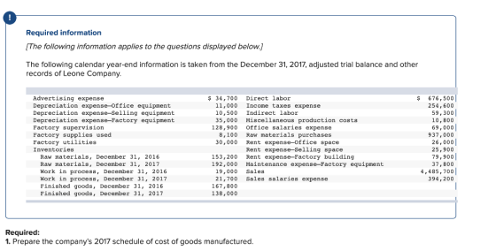 Required information [The following information applies to the questions displayed below.] The following calendar year-end information is taken from the December 31, 2017, adjusted trial balance and other records of Leone Company Advertising expense Depreciation expense-Office equipment Depreciation expense-Selling equipment Depreciation expense-Factory equipment Factory supervision Factory supplies used Factory utilities Inventories $ 676,500 254,600 59,300 10,800 69,000 937,000 26,000 25,900 79,900 37,800 4,485,700 394,200 $ 34,700 Direct labor 11,000 Income taxes expense 10,500 Indirect labor 35,000 Miscellaneous production costs 128,900 Office salaries expense 8,100 Raw materials purchases 30,000 Rent expense-Office space Rent expense-Selling space Raw materials, December 31, 2016 Raw materials, December 31, 2017 Work in process, December 31, 2016 Work in process, December 31, 2017 Finished goods, December 31, 2016 Finished goods, December 31, 2017 153,200 Rent expense-Factory building 192,000 Maintenance expense-Factory equipment 19,000 Sales 21,700 Sales salaries expense 167,800 138,000 Required: 1. Prepare the companys 2017 schedule of cost of goods manufactured