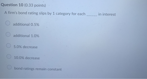 Question 10 (0.33 points) A firms bond rating slips by 1 category for each in interest additional 0.5% additional 1.0% 5.0%