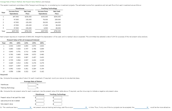 Average Rate of Return Method, Net Present Value Method, and Analysis The capital investment committee of Ellis Transport and