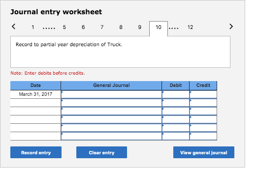 Journal entry worksheet < 1 ..... 5 6 7 8 9 10 .. 12 Record to partial year depreciation of Truck. Note: Enter debits before