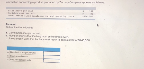 Information concerning a product produced by Zachary Company appears as follows: Sales price per unit Variable cost per unit