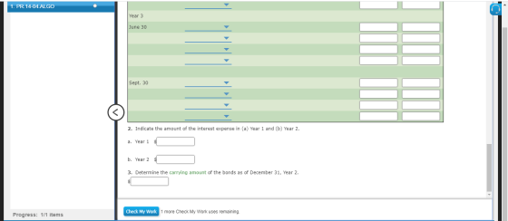 1. PR. 14-04.ALGO Year 3 June 30 Sept. 30 2. Indicate the amount of the interest expense in (a) Year 1 and (b) Year 2. a. Yea