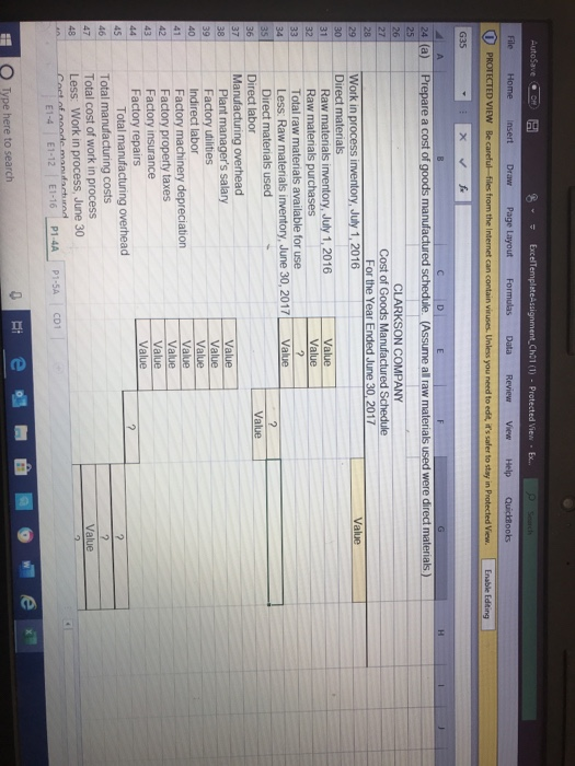 AutoSave ExcelTemplateAssignment_Cho1 (1) - Protected View · Ex. P Seach File Home Insert Draw Page Layout Formulas Review Da