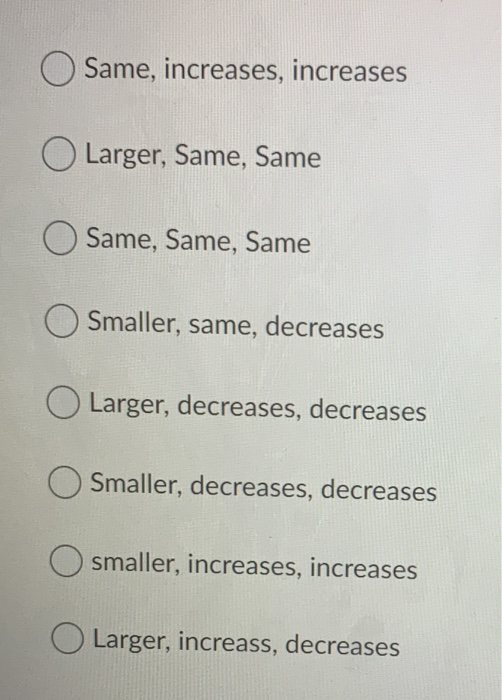 Same, increases, increases Larger, Same, Same Same, Same, Same Smaller, same, decreases Larger, decreases, decreases Smaller,