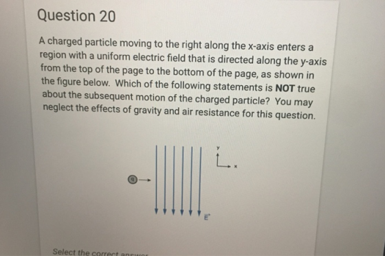 Question 20 A charged particle moving to the right along the x-axis enters a region with a uniform electric field that is directed along the y-axis from the top of the page to the bottom of the page, as shown in the figure below. Which of the following statements is NOT true about the subsequent motion of the charged particle? You may neglect the effects of gravity and air resistance for this question. Select the correct aneu
