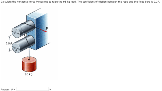 Calculate the horizontal force P required to raise the 95-kg load. The coefficient of friction between the rope and the fixed