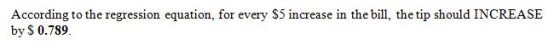 According to the regression equation, for every $5 increase in the bill, the tip should INCREASE by S 0.789.