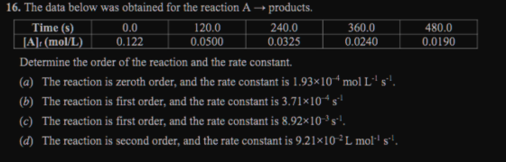 480.0 0.0190 16. The data below was obtained for the reaction A products, Time (s) 0.0 120.0 240.0 360.0 [A]: (mol/L) 0.122 0