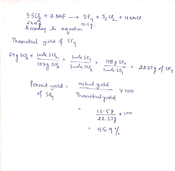 354 + 4 Naf - SFu + s į + 4 Nace. 64.00 According to equation (2.59 . Theoretical yield of Sky 64g sq x Imole scą 103g sų Imo