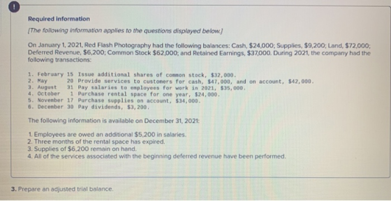 Required information The following information applies to the questions displayed below.) On January 1, 2021, Red Flash Photo