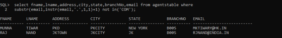 SQL> select fname, lname, address, city, state, branchNo, email from agentstable where 2 substr(email, instr(email,.,1,1)+1