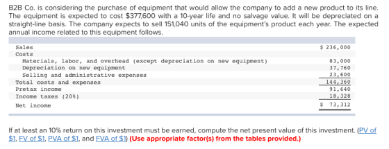 B2B Co. is considering the purchase of equipment that would allow the company to add a new product to its line The equipment is expected to cost $377600 with a 10-year life and no salvage value. It will be depreciated on a straight-line basis. The company expects to sell 151,040 units of the equipments product each year. The expected annual income related to this equipment follows Sales Costs 236,000 Materials, labor, and overhead (except depreciation on new equipment) 83,000 37,760 23,600 144,360 91,640 18,328 $ 73,312 Depreciation on new equipment Selling and administrative expenses Total costs and expenses Pretax income Income taxes (20%) Net income If at least an 10% return on this investment must be earned, compute the net present value of this investment. (PV of $1, FV of $1, PVA of $1, and FVA of $1) (Use appropriate factor(s) from the tables provided.)