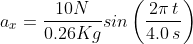 a_{x}= \frac{10 N}{0.26 Kg}sin\left ( \frac{2\pi \, t}{4.0\, s} \right )