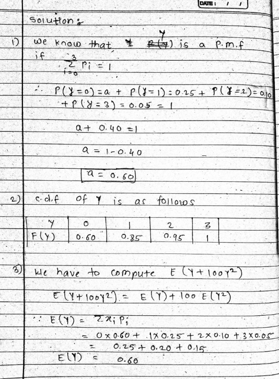 DATE: Soution 0101 tp (Xe 3): 0.05 d.f of Y is as fol01o s 2 221 kle have to Compute ECH100で) 0.0 o.25± o.20 + 0.15
