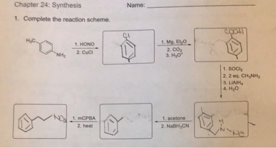 Chapter 24: Synthesis Name: 1. Complete the reaction scheme. H₂C. 1. HONO 2. Cuci 1. Mg. Et 2. CO 3. H,09 NHE 1. SOCI 2.2 eq.