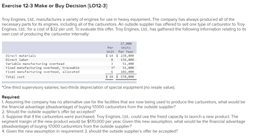 Exercise 12-3 Make or Buy Decision (LO12-3] Troy Engines, Ltd., manufactures a variety of engines for use in heavy equipment.
