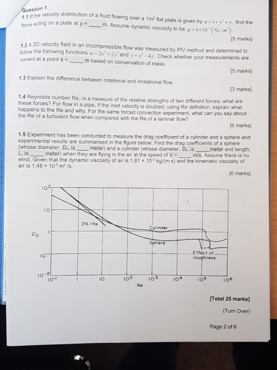 Question 1 1.1 If the velocity distribution of a fluid flowing over a 1m² flat plate is given by u=l+ y + y, find the m. Assu