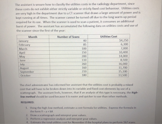 The assistant is unsure how to classify the utilities costs in the radiology department, since these costs do not exhibit eit