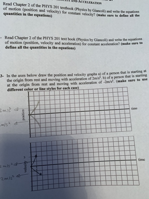 LITY AND ACCELERATION Read Chapter 2 of the PHYS 201 textbook (Physics by Giancoli) and write the equations of motion (positi