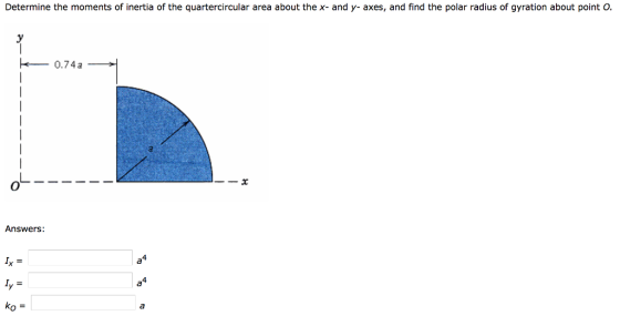 Determine the moments of inertia of the quartercircular area about the x- and y- axes, and find the polar radius of gyration about point O 0.74a Answers 4 4
