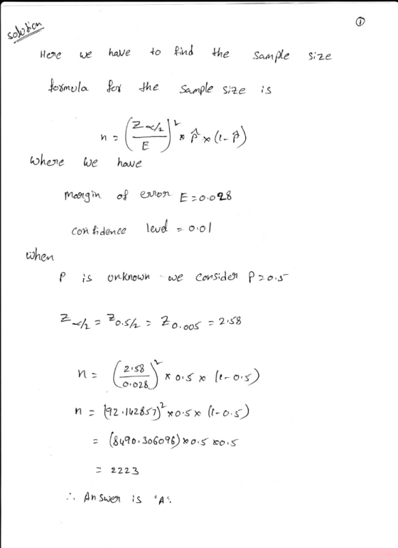 Here e have o Rnd the sample si2 Size mergn o en E28 confidence leve=o,o l when 즈 to.siv 2o.oos 2.s8 o 028 (8490, 3060%)x 0,5 00,5 2223