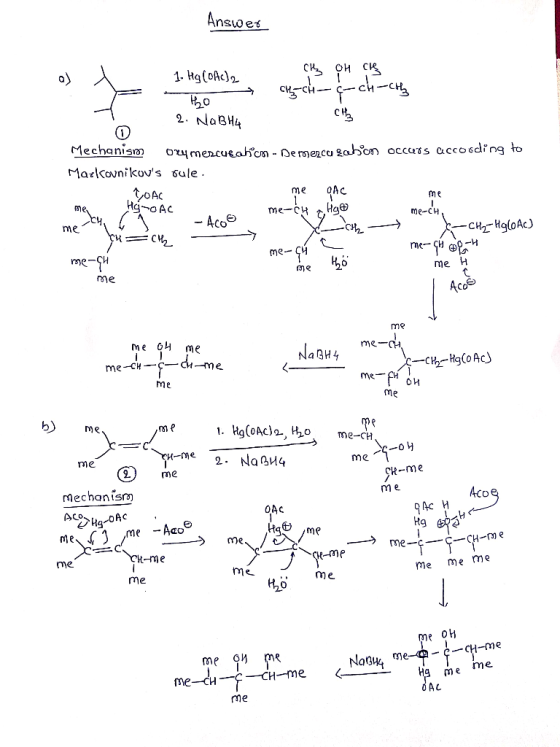 Answes с ои ск 1. Hg(oA)2 с 2. NaBH4 Mechanism orymercueakon - Dermezcu gahon occurs acco6ding to Markovnikovs oule me me Hq-